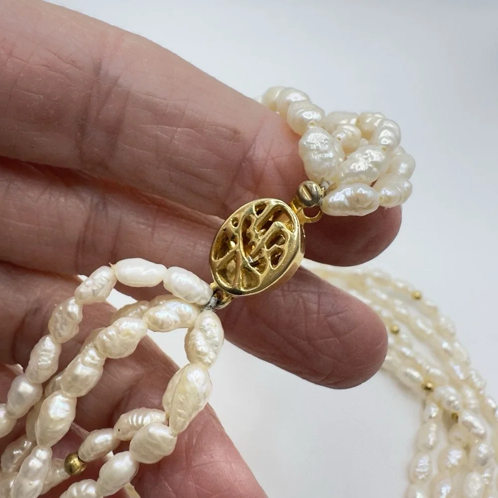 Vintage Multi-Strand Freshwater Rice/Seed Pearl Necklace Gold Tone Clasp 18" - Picture 6 of 14